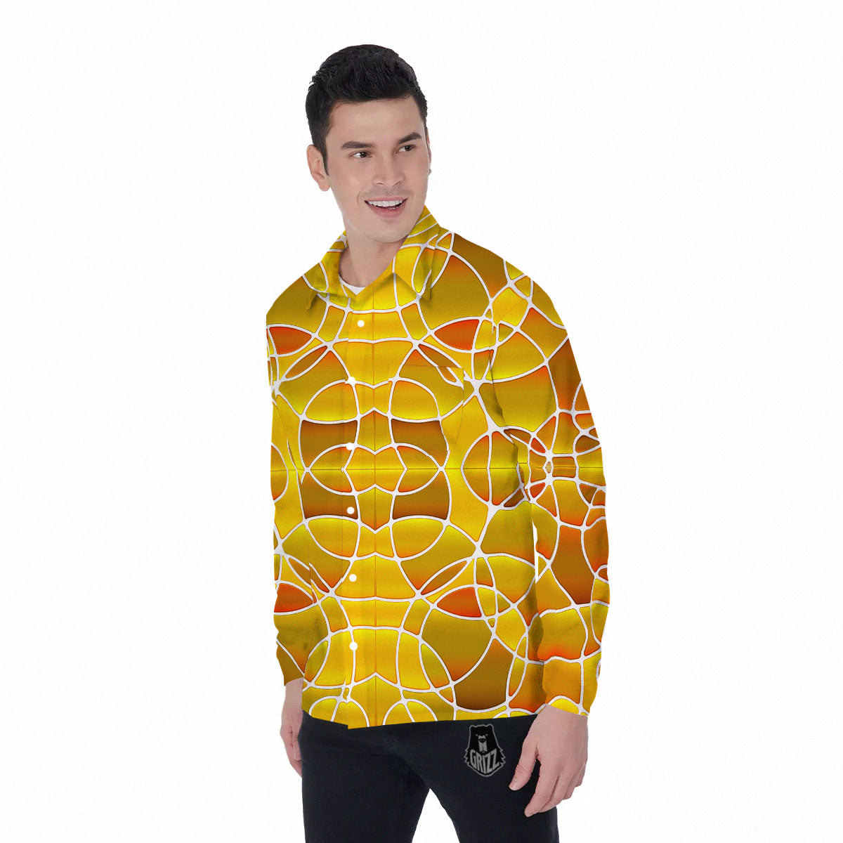 Stained Glass Mosaic Yellow Print Pattern Men's Long Sleeve Shirts-grizzshop