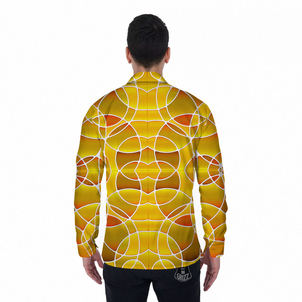 Stained Glass Mosaic Yellow Print Pattern Men's Long Sleeve Shirts-grizzshop