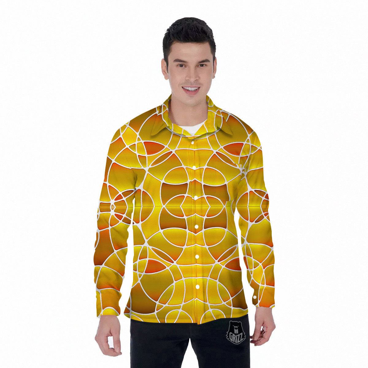 Stained Glass Mosaic Yellow Print Pattern Men's Long Sleeve Shirts-grizzshop