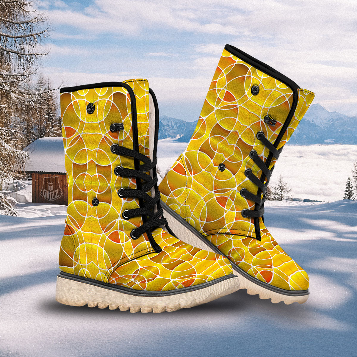 Stained Glass Mosaic Yellow Print Pattern Snow Boots-grizzshop