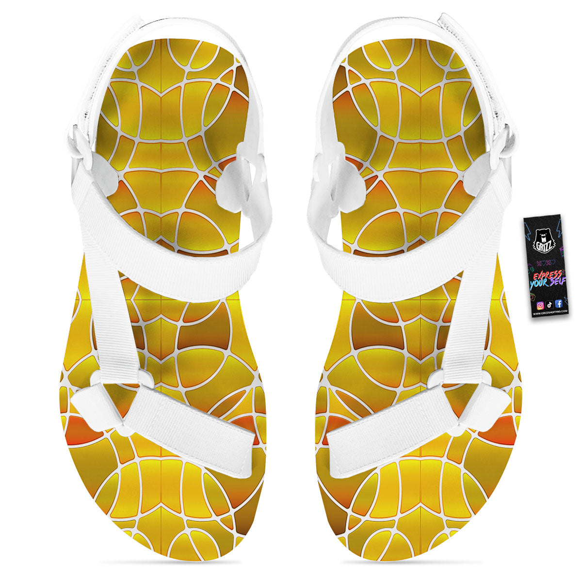 Stained Glass Mosaic Yellow Print Pattern White Open Toe Sandals-grizzshop