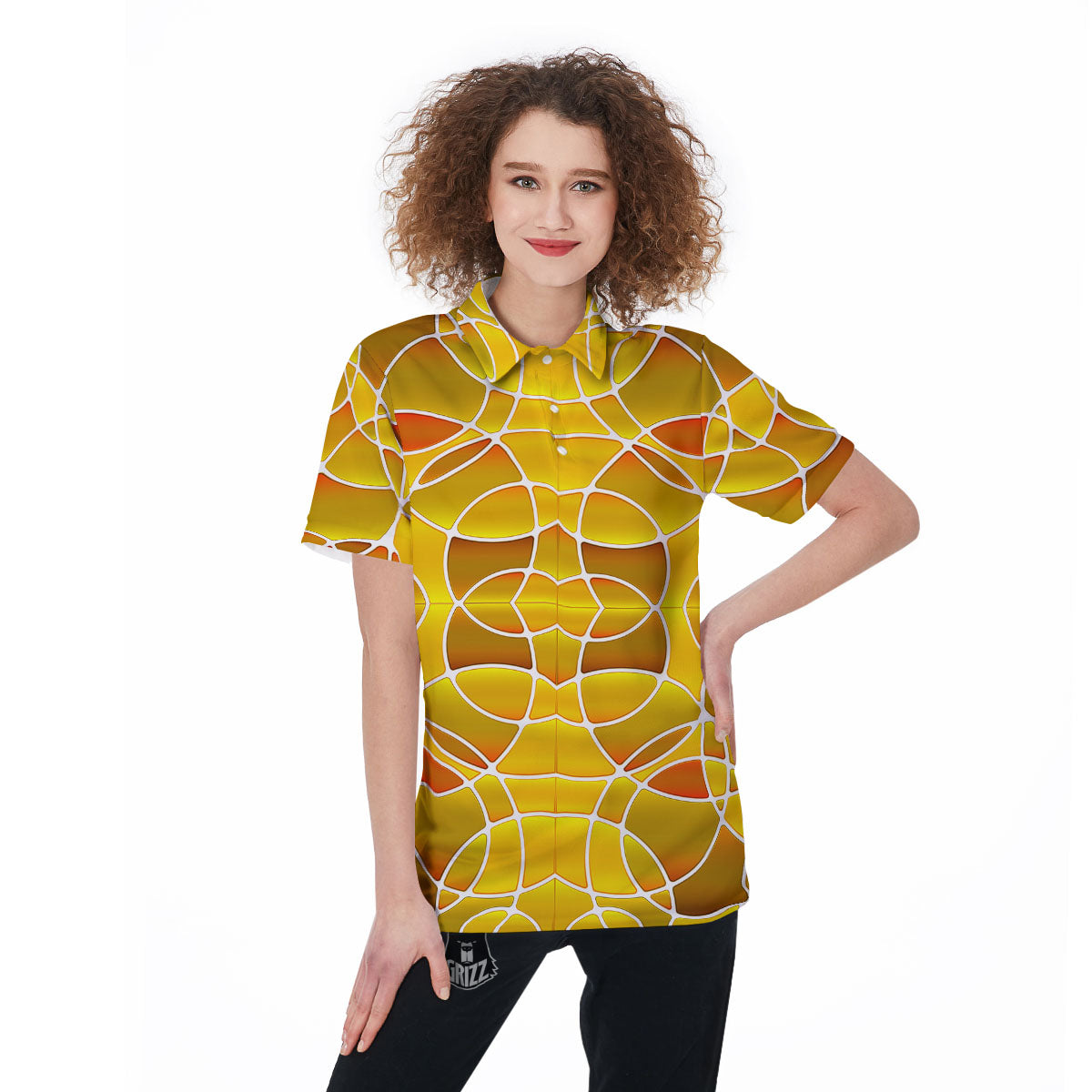 Stained Glass Mosaic Yellow Print Pattern Women's Golf Shirts-grizzshop