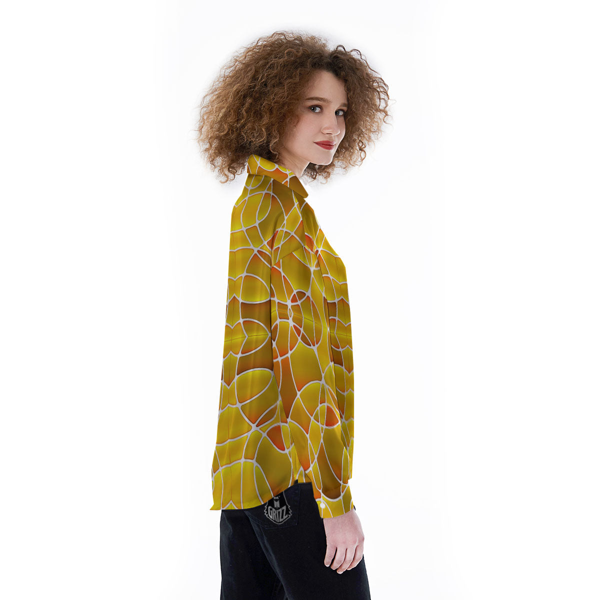 Stained Glass Mosaic Yellow Print Pattern Women's Long Sleeve Shirts-grizzshop