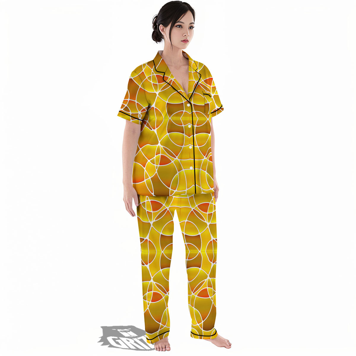 Stained Glass Mosaic Yellow Print Pattern Women's Pajamas Set-grizzshop