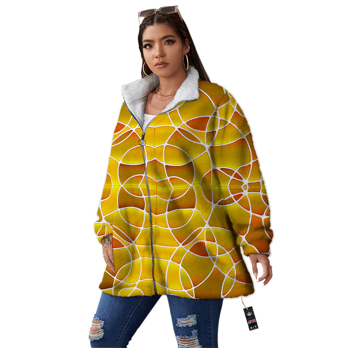 Stained Glass Mosaic Yellow Print Pattern Women's Sherpa Jacket-grizzshop
