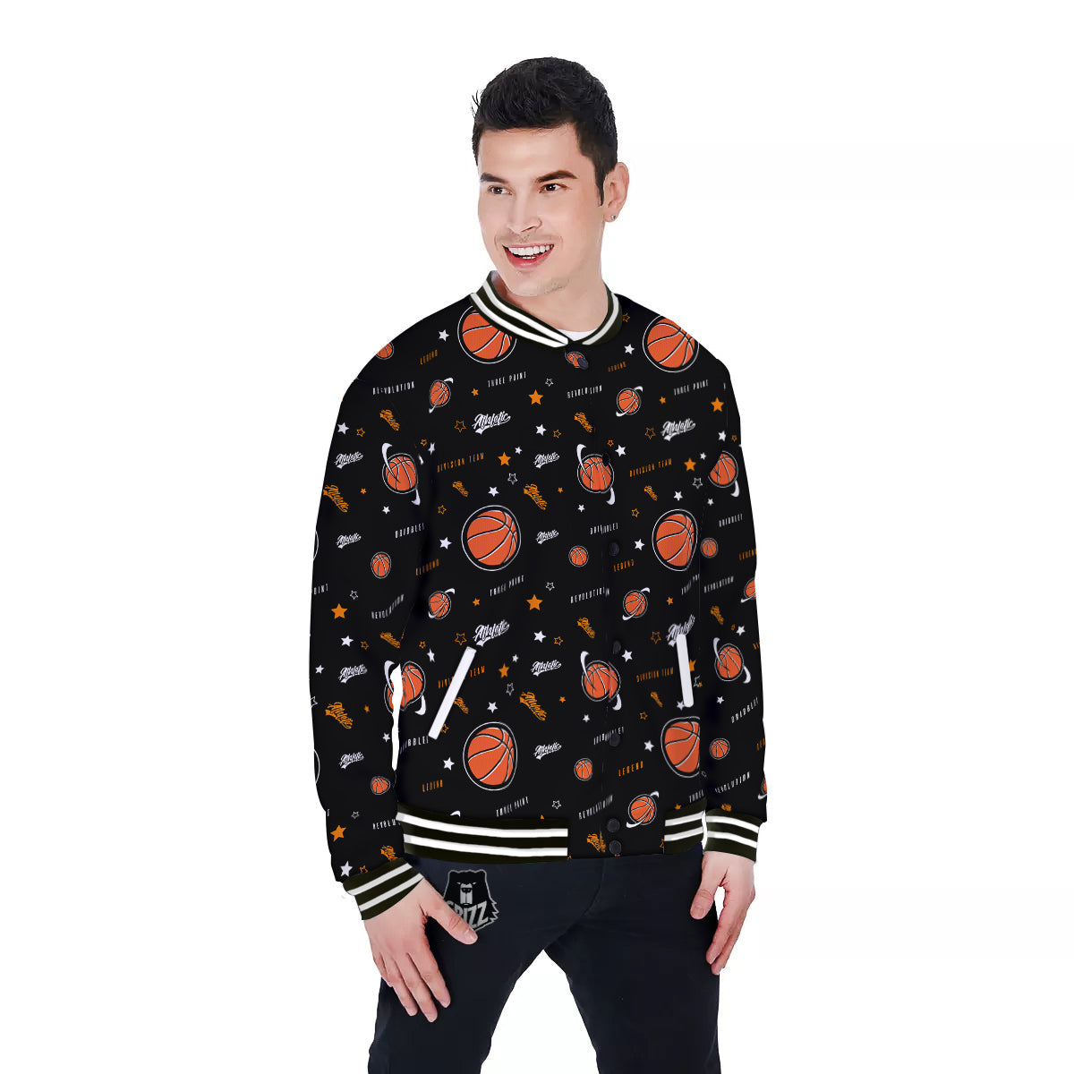 Star And Basketball Print Pattern Baseball Jacket-grizzshop
