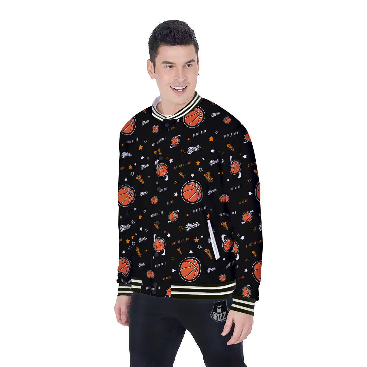 Star And Basketball Print Pattern Baseball Jacket-grizzshop