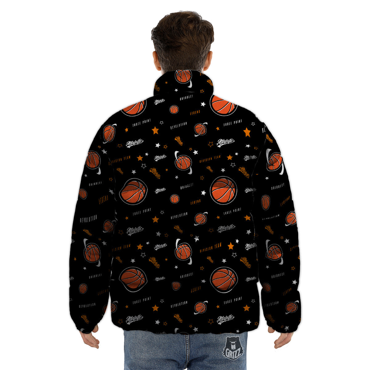 Star And Basketball Print Pattern Puffer Jacket-grizzshop