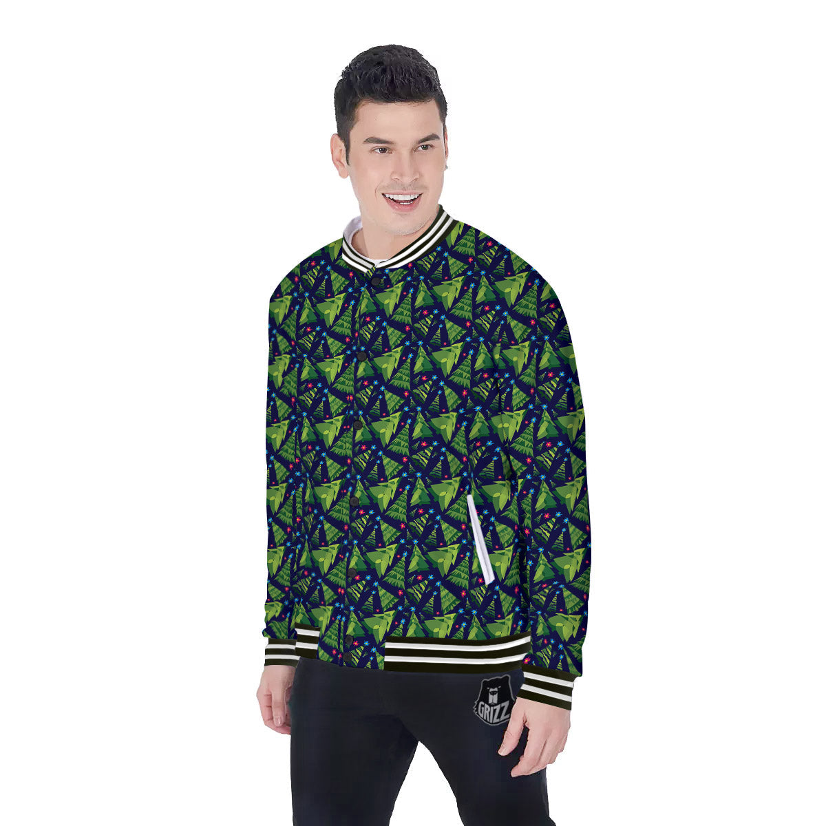 Star And Christmas Tree Print Pattern Baseball Jacket-grizzshop