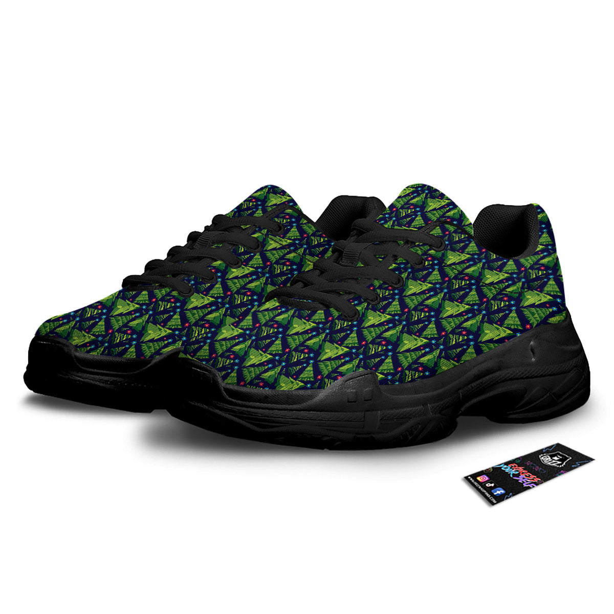 Star And Christmas Tree Print Pattern Black Chunky Shoes-grizzshop