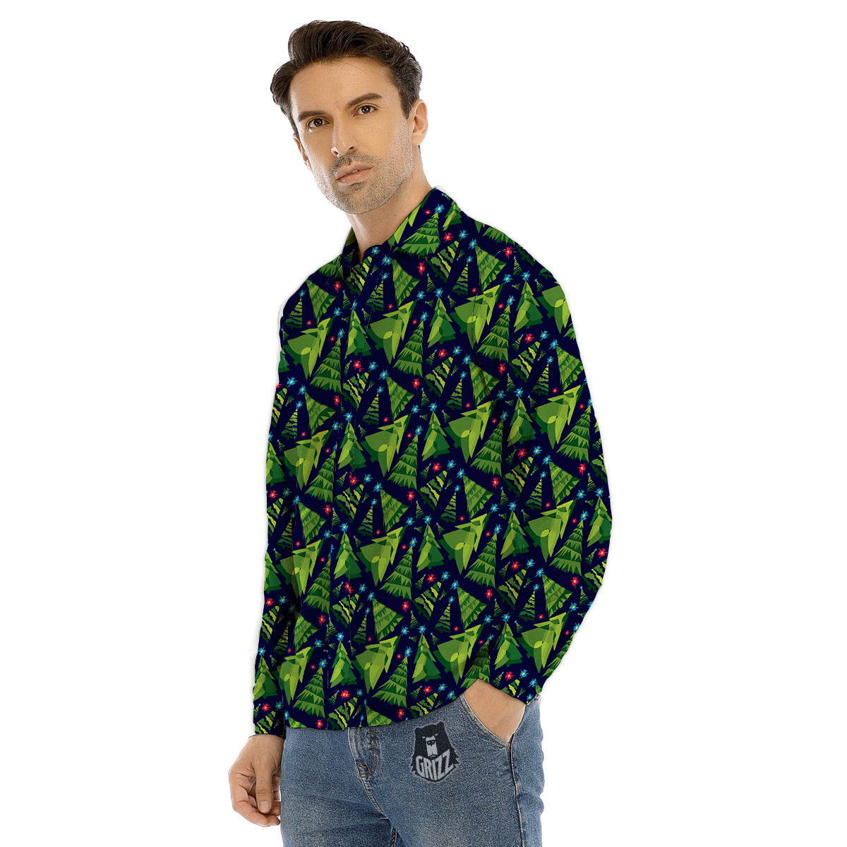Star And Christmas Tree Print Pattern Men's Dress Shirts-grizzshop