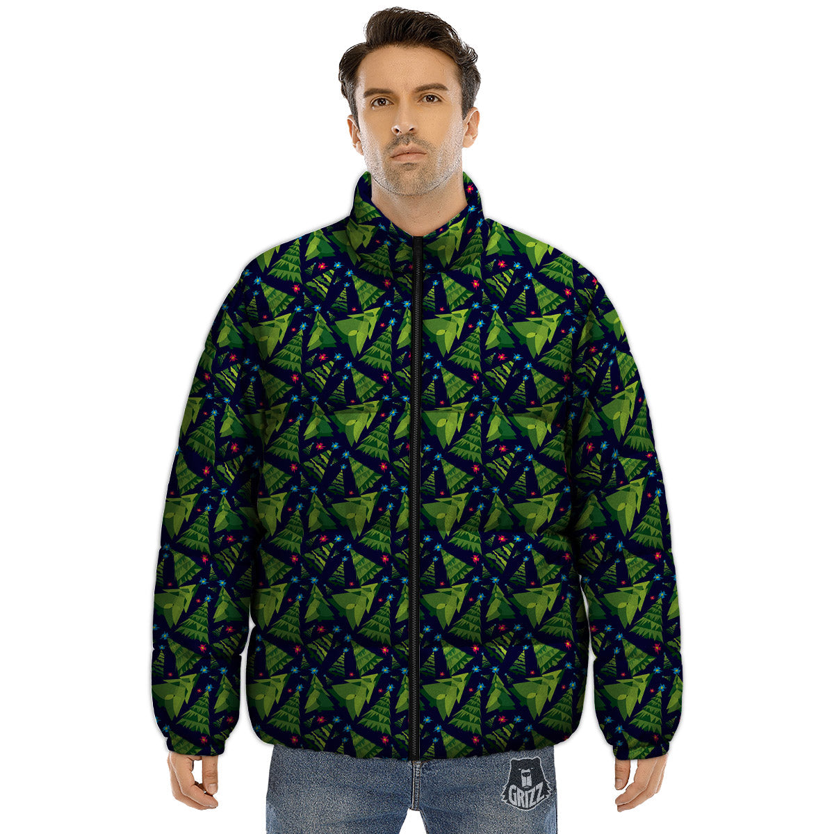 Star And Christmas Tree Print Pattern Puffer Jacket-grizzshop