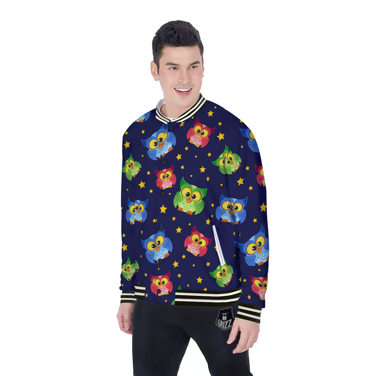 Star And Owl Print Pattern Baseball Jacket-grizzshop
