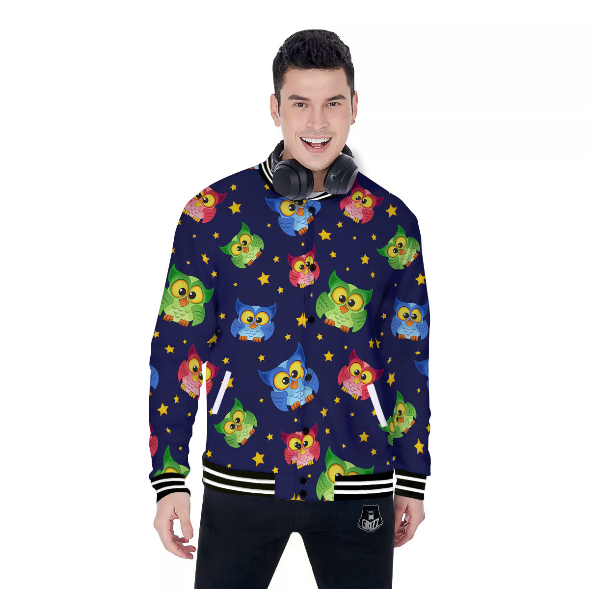 Star And Owl Print Pattern Baseball Jacket-grizzshop