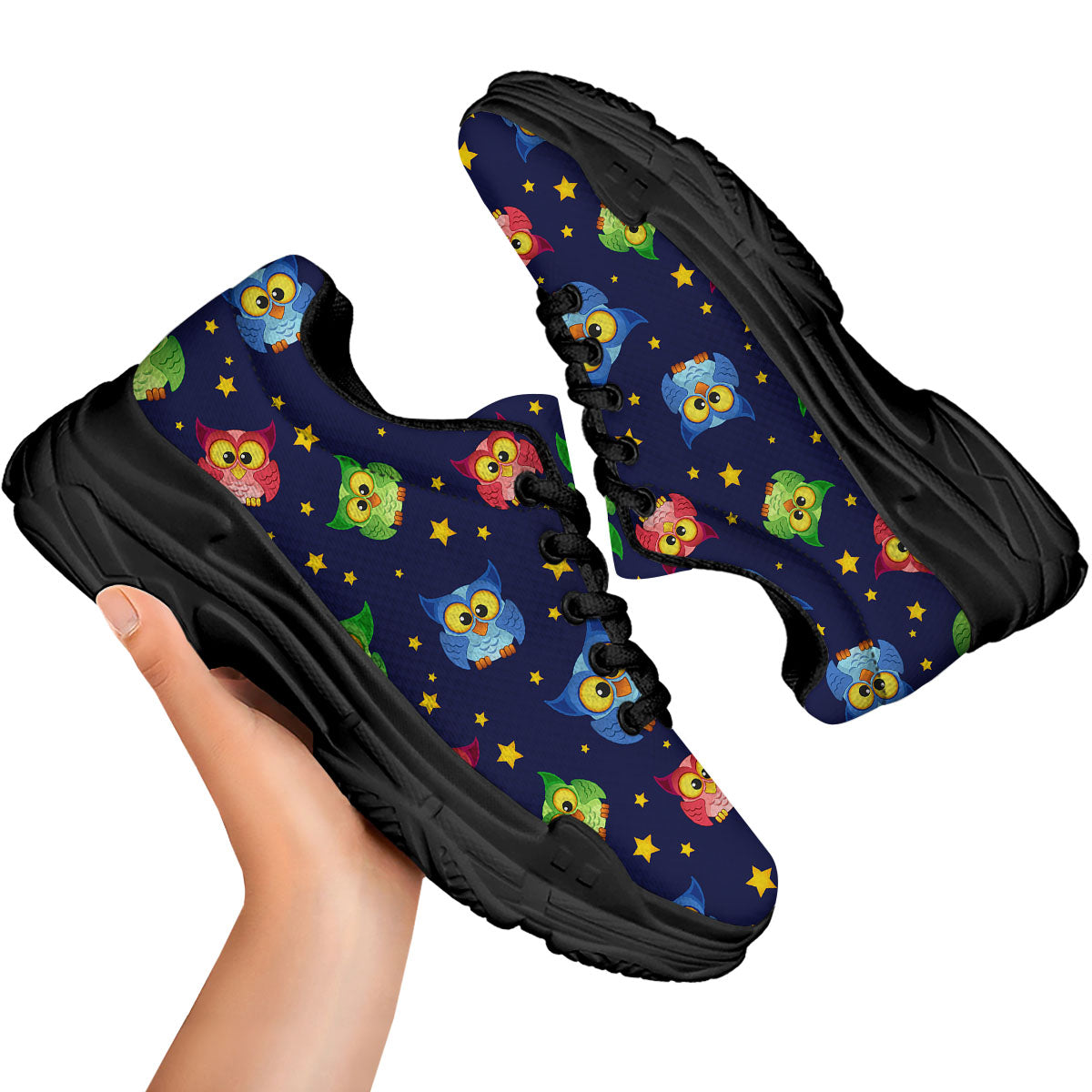 Star And Owl Print Pattern Black Chunky Shoes-grizzshop