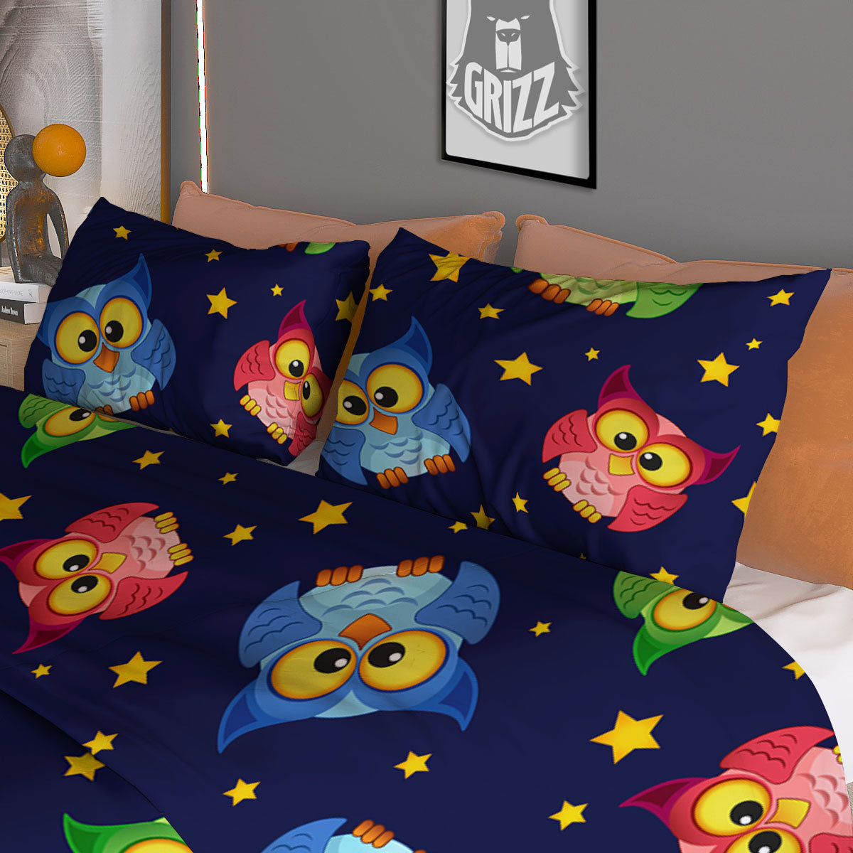 Star And Owl Print Pattern Duvet Cover Bedding Set
