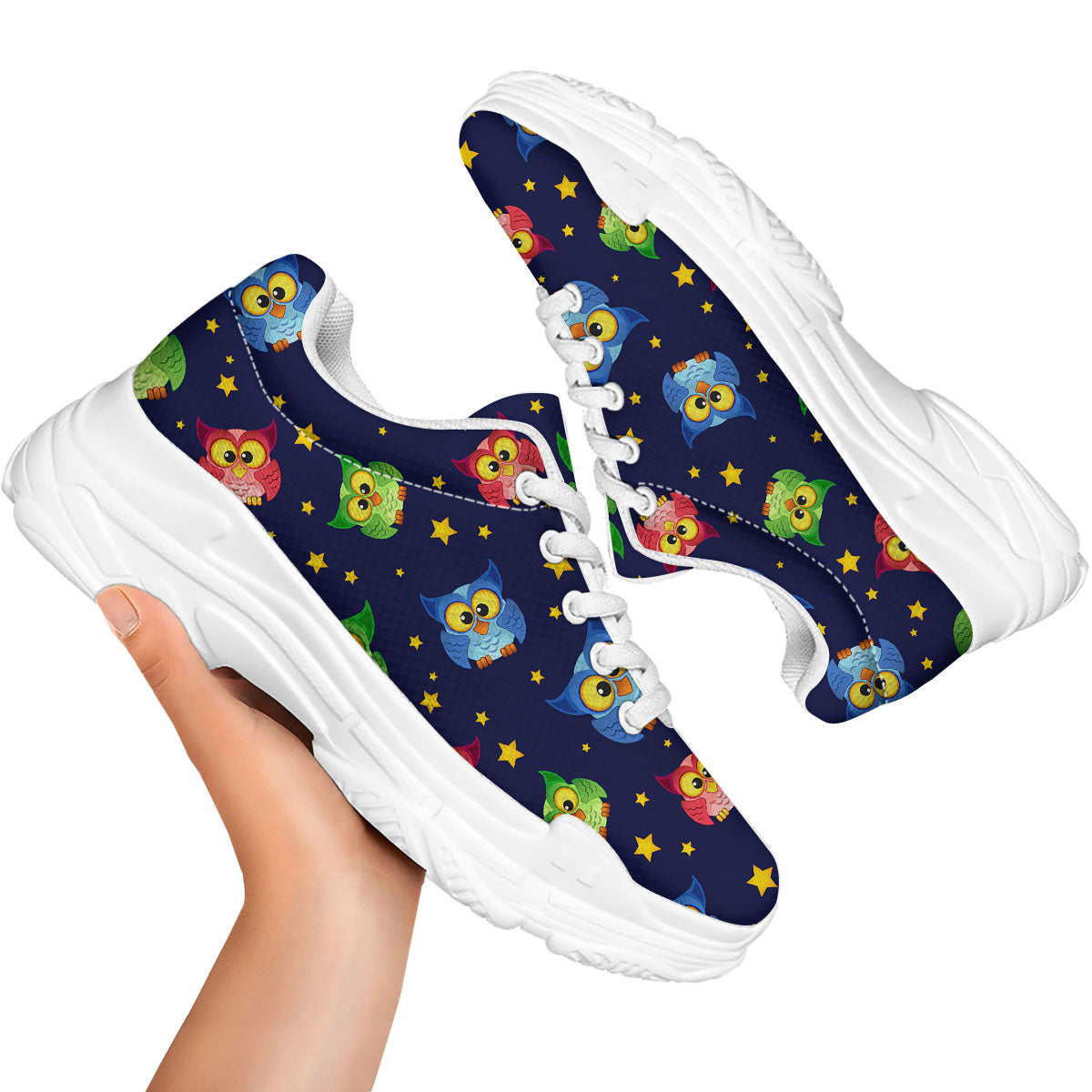 Star And Owl Print Pattern White Chunky Shoes-grizzshop