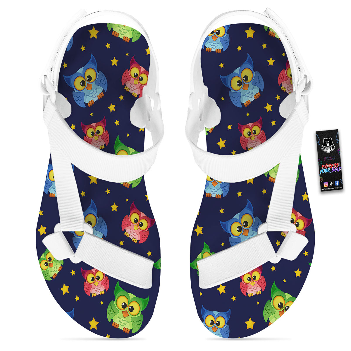 Star And Owl Print Pattern White Open Toe Sandals-grizzshop