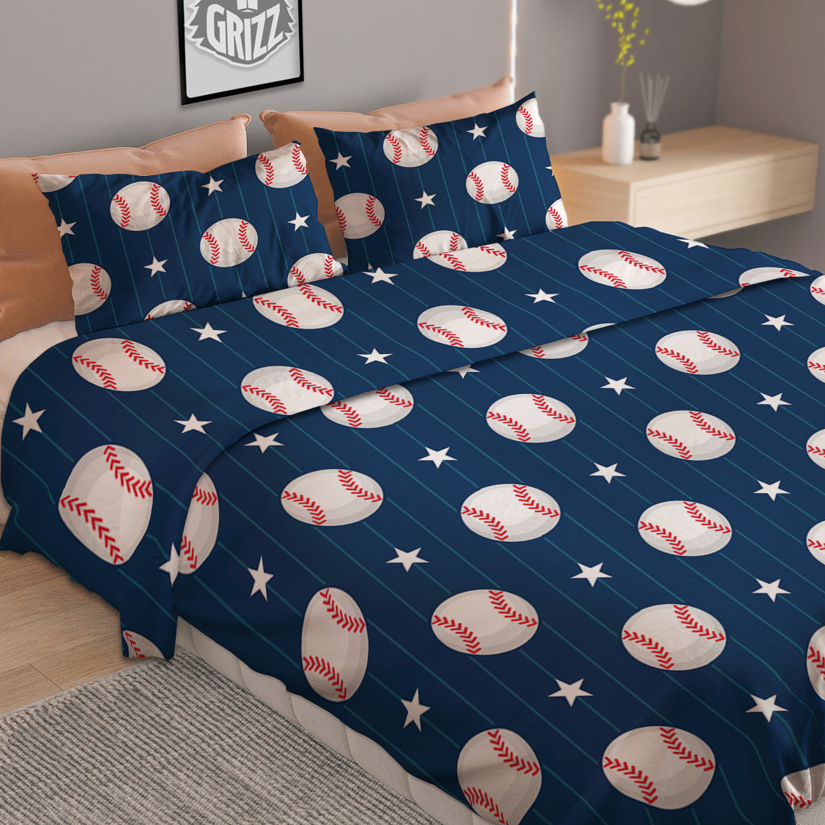 Star Baseballs Print Pattern Duvet Cover Bedding Set