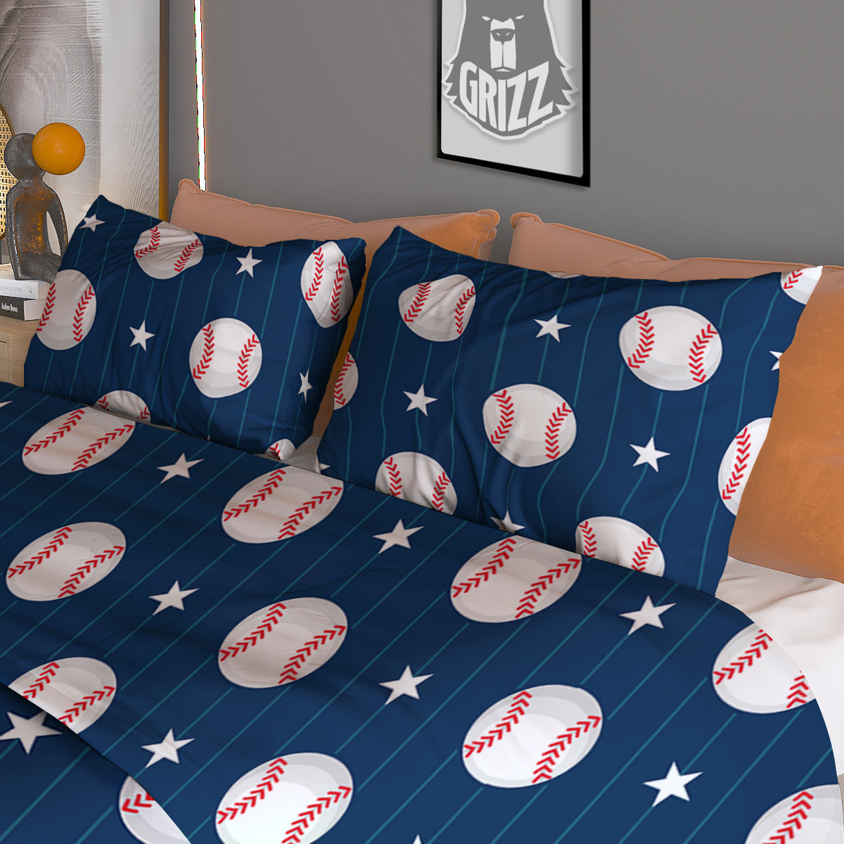 Star Baseballs Print Pattern Duvet Cover Bedding Set