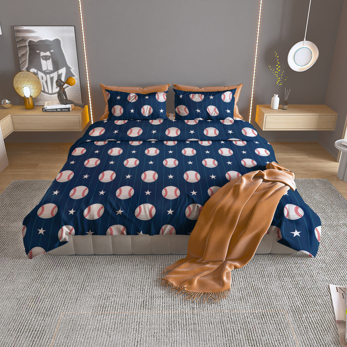 Star Baseballs Print Pattern Duvet Cover Bedding Set