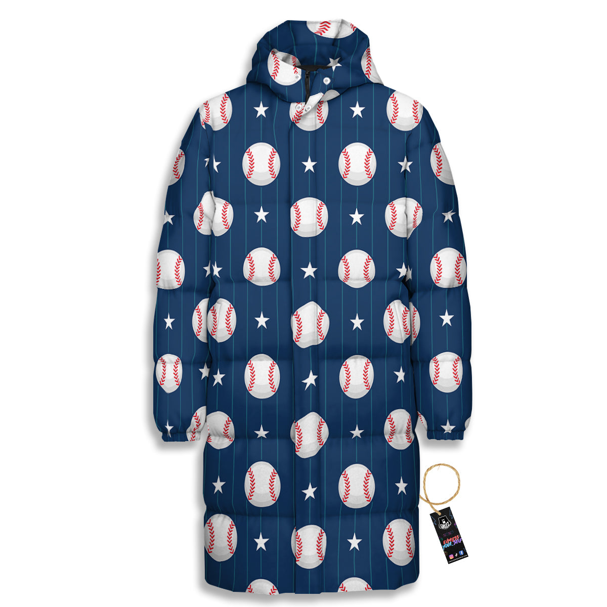 Star Baseballs Print Pattern Long Down Jacket-grizzshop