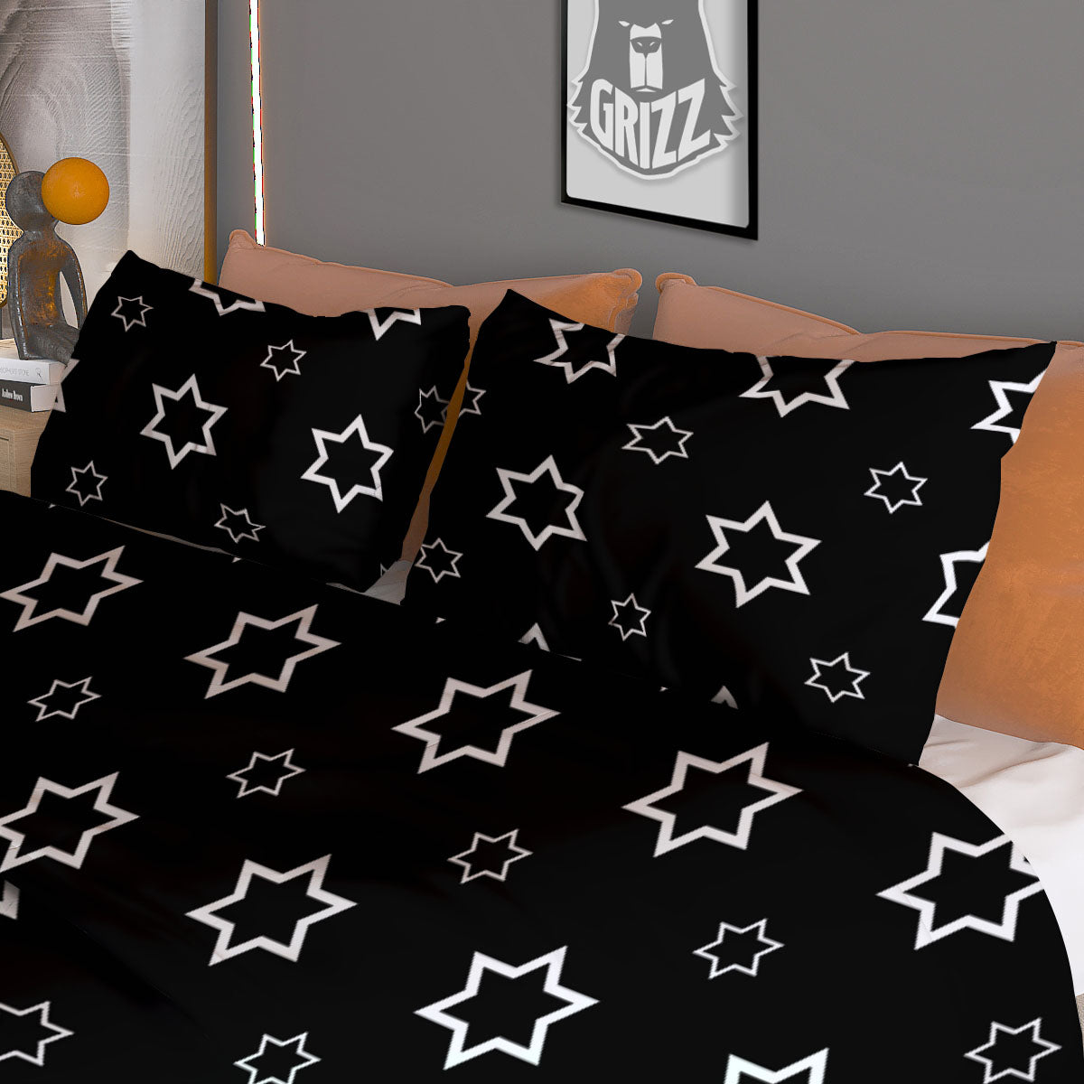 Star Black And White Print Pattern Duvet Cover Bedding Set