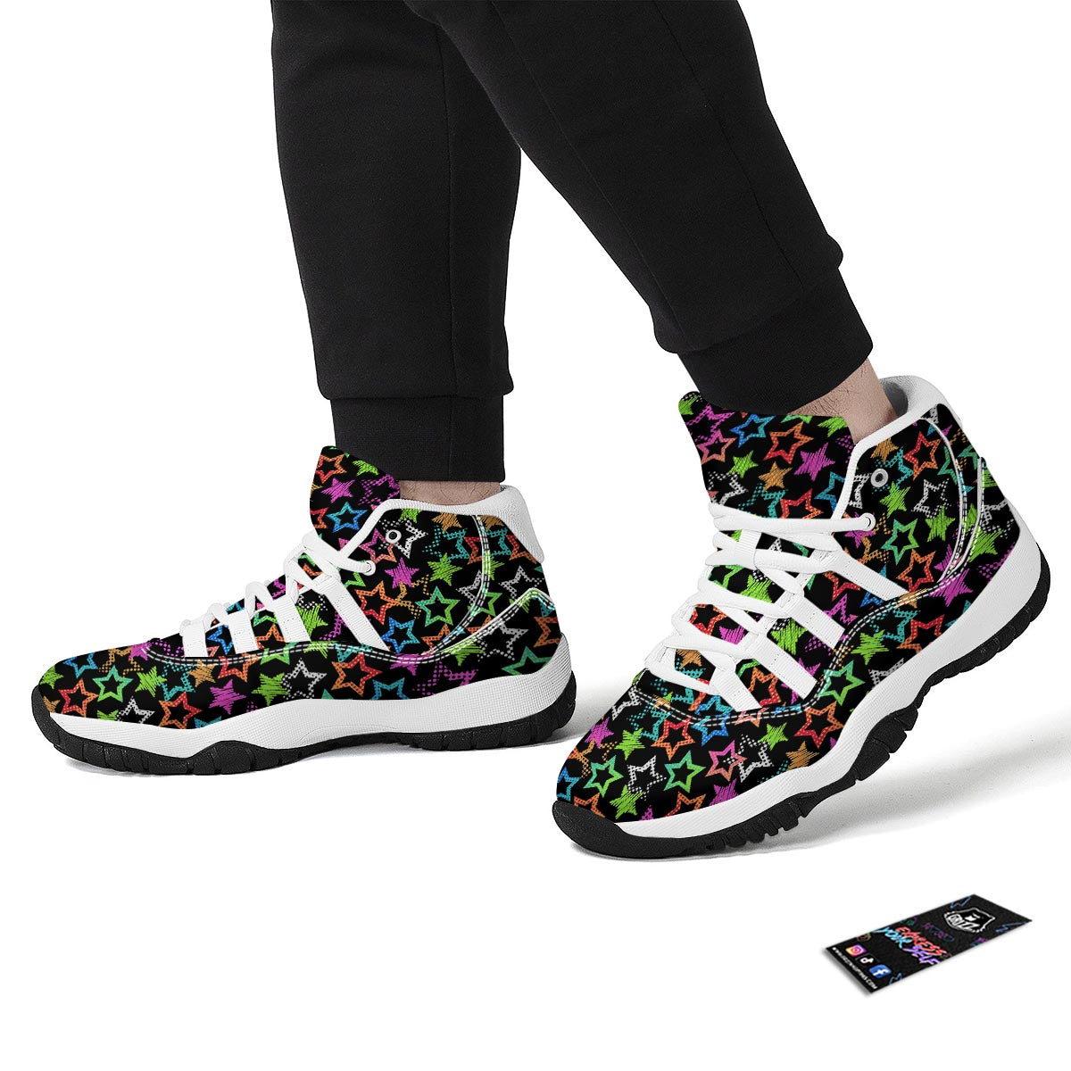 Star Colorful Pattern Print White Bball Shoes-grizzshop