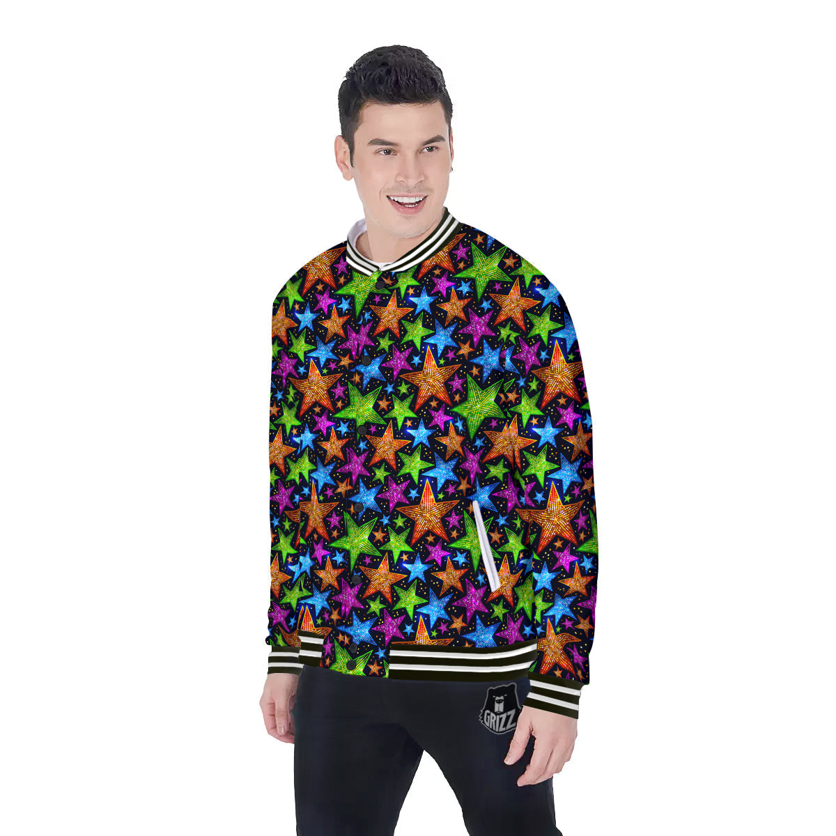 Star Disco Sparkles Print Pattern Baseball Jacket-grizzshop