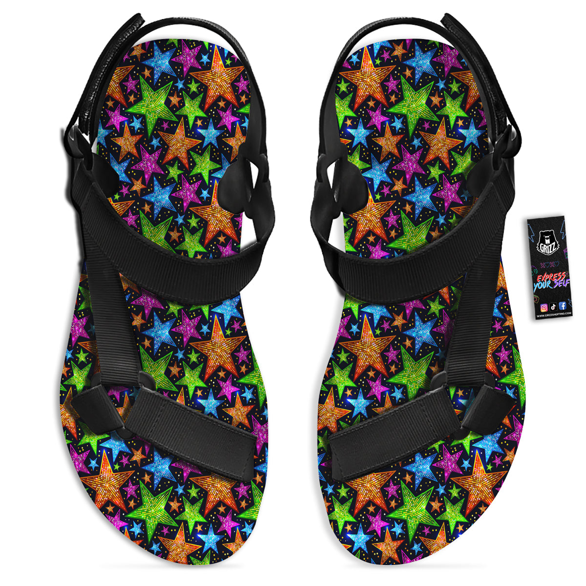 Star Disco Sparkles Print Pattern Black Open Toe Sandals-grizzshop