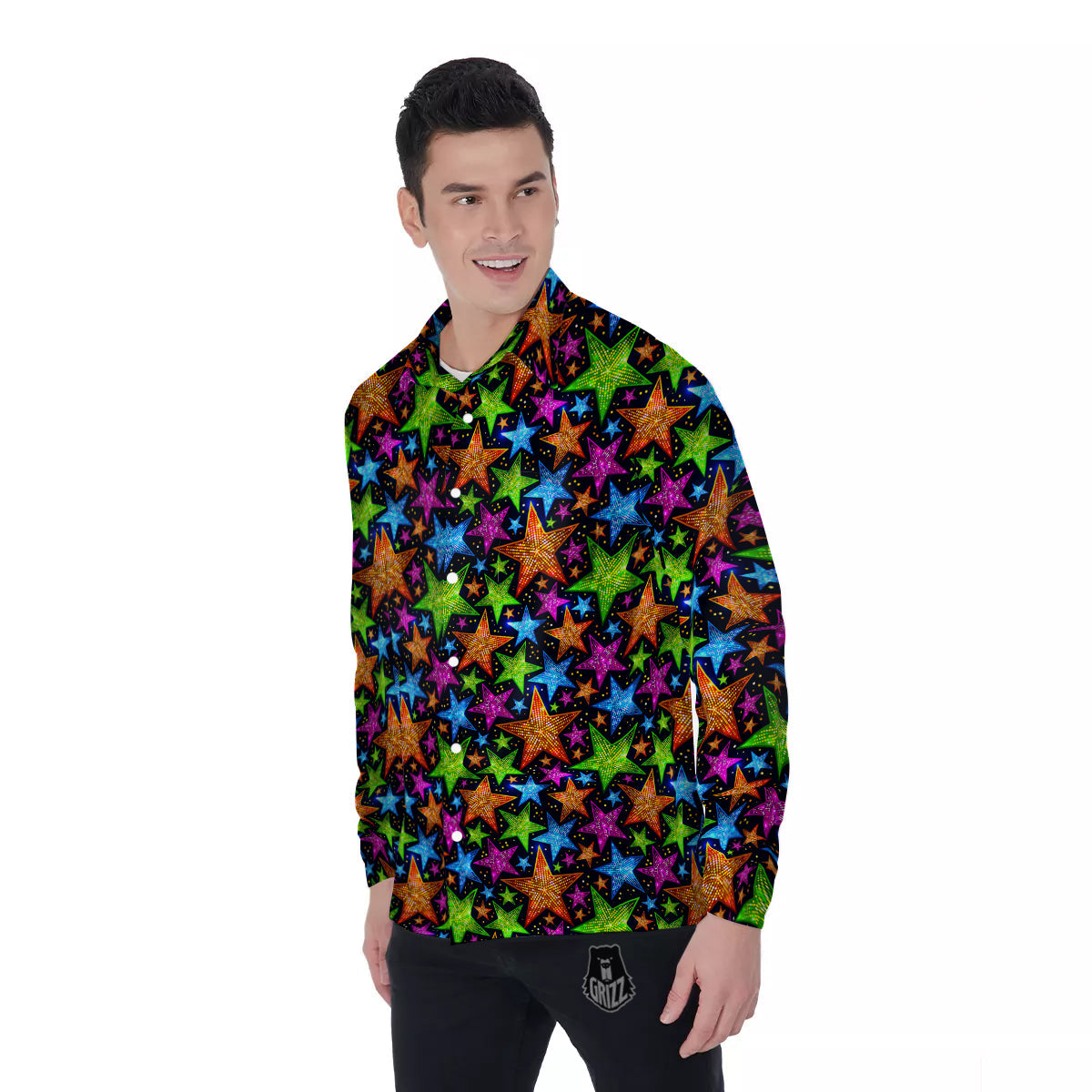Star Disco Sparkles Print Pattern Men's Long Sleeve Shirts-grizzshop