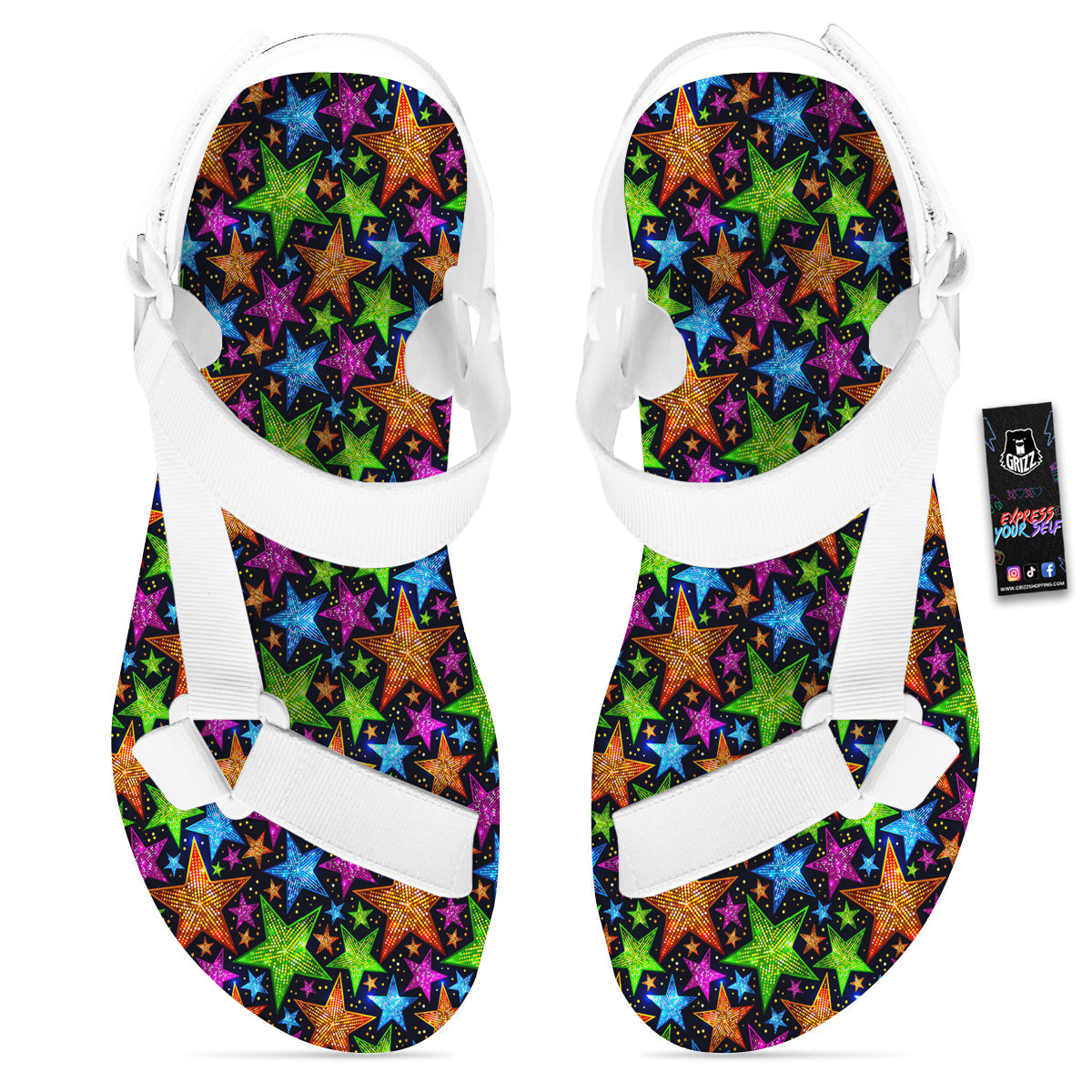 Star Disco Sparkles Print Pattern White Open Toe Sandals-grizzshop