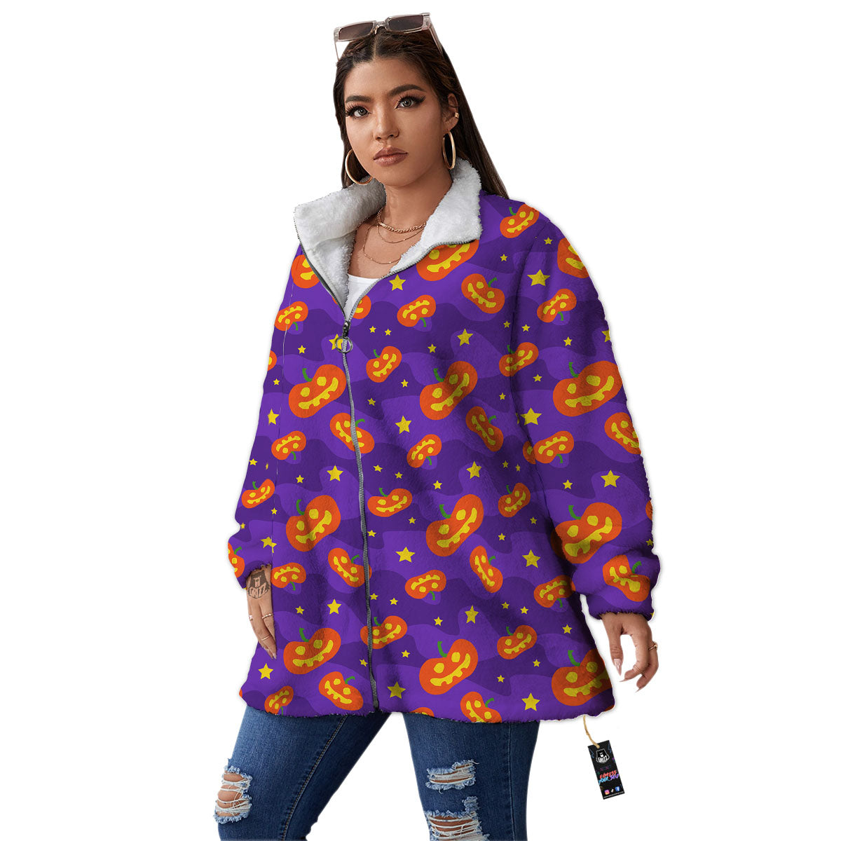 Star Halloween Print Pattern Women's Sherpa Jacket-grizzshop