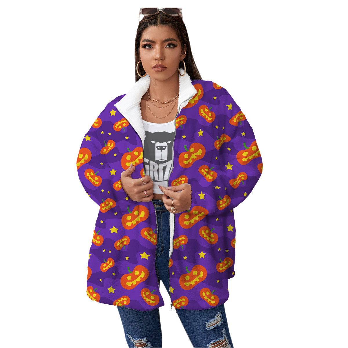 Star Halloween Print Pattern Women's Sherpa Jacket-grizzshop