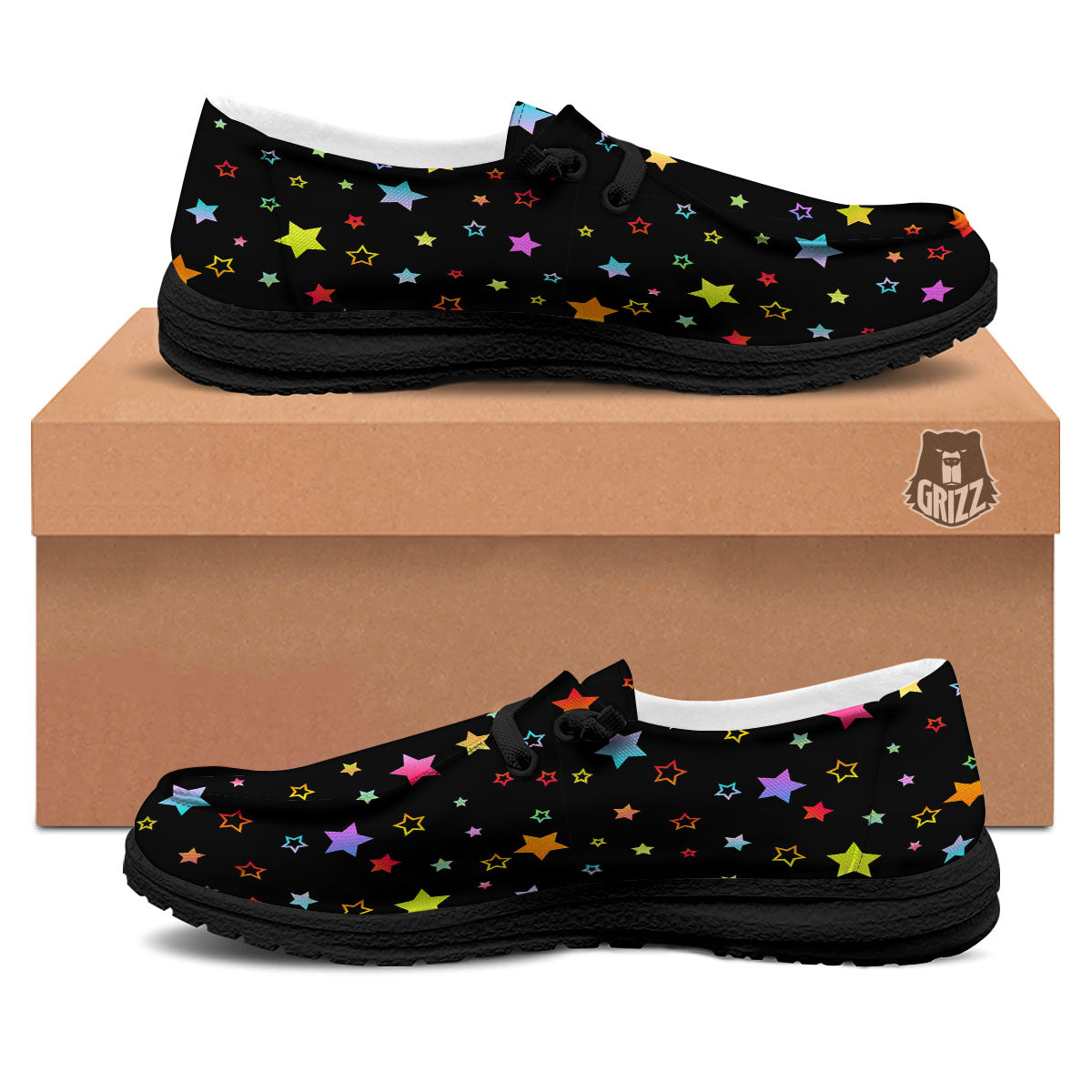 Star Lights Print Pattern Black Loafers-grizzshop