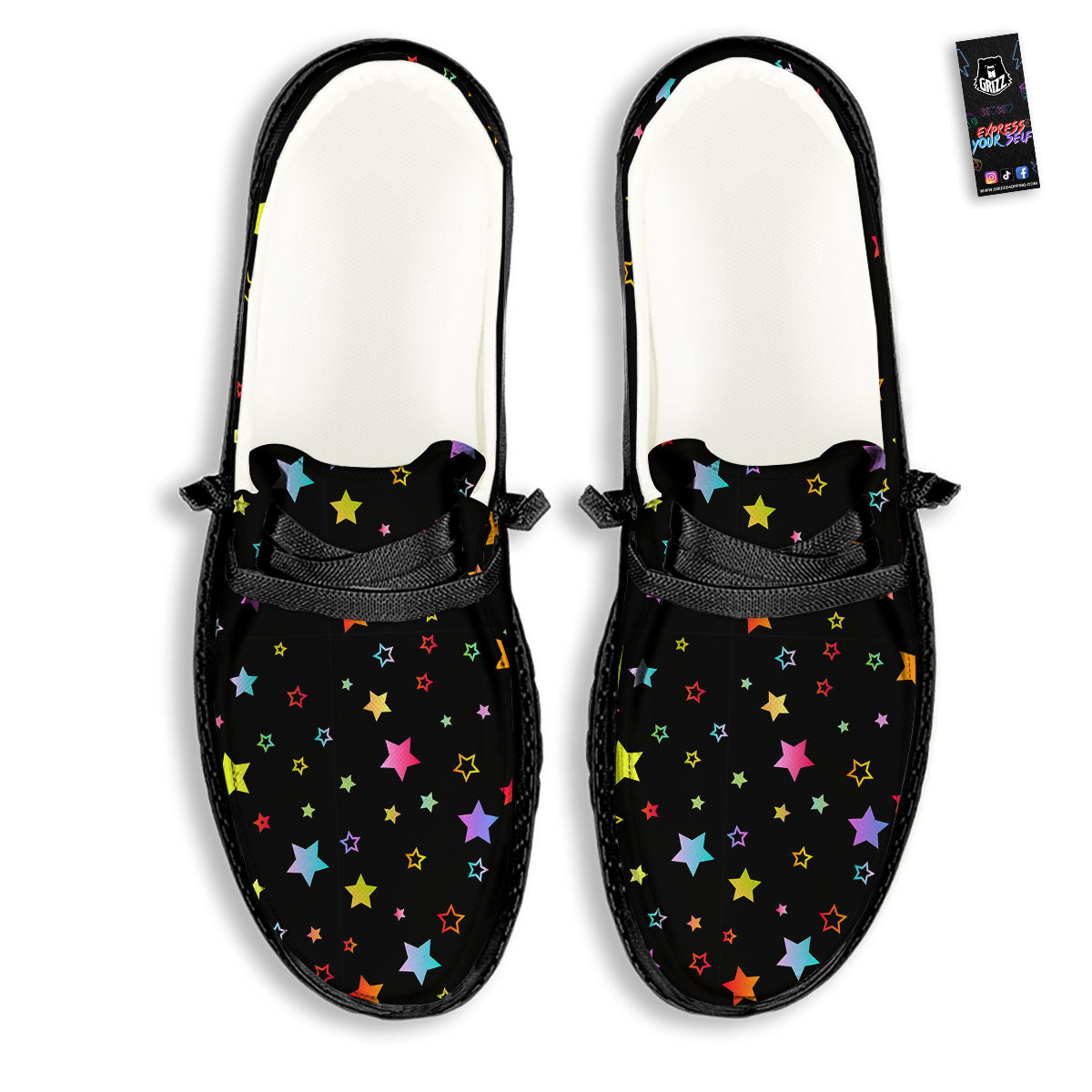 Star Lights Print Pattern Black Loafers-grizzshop