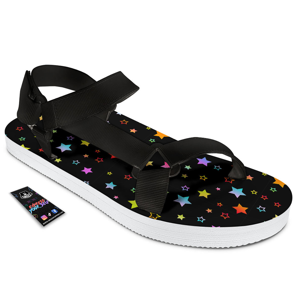 Star Lights Print Pattern Black Open Toe Sandals-grizzshop