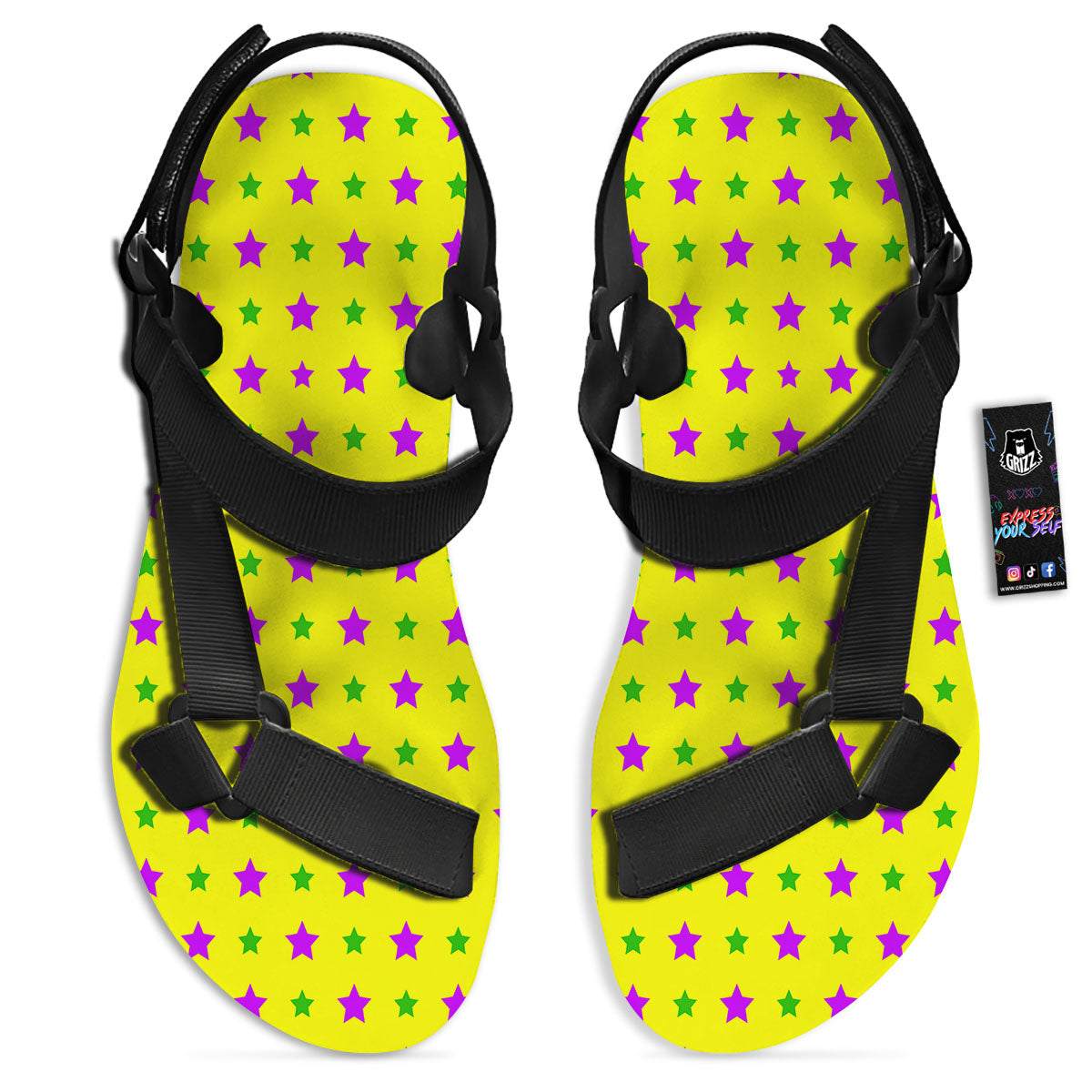 Star Mardi Gras Print Pattern Black Open Toe Sandals-grizzshop