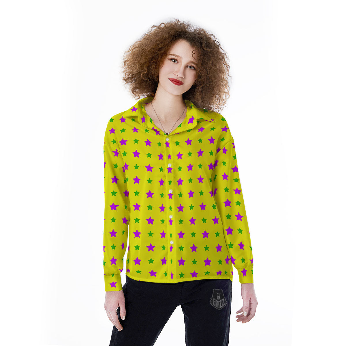 Star Mardi Gras Print Pattern Women's Long Sleeve Shirts-grizzshop
