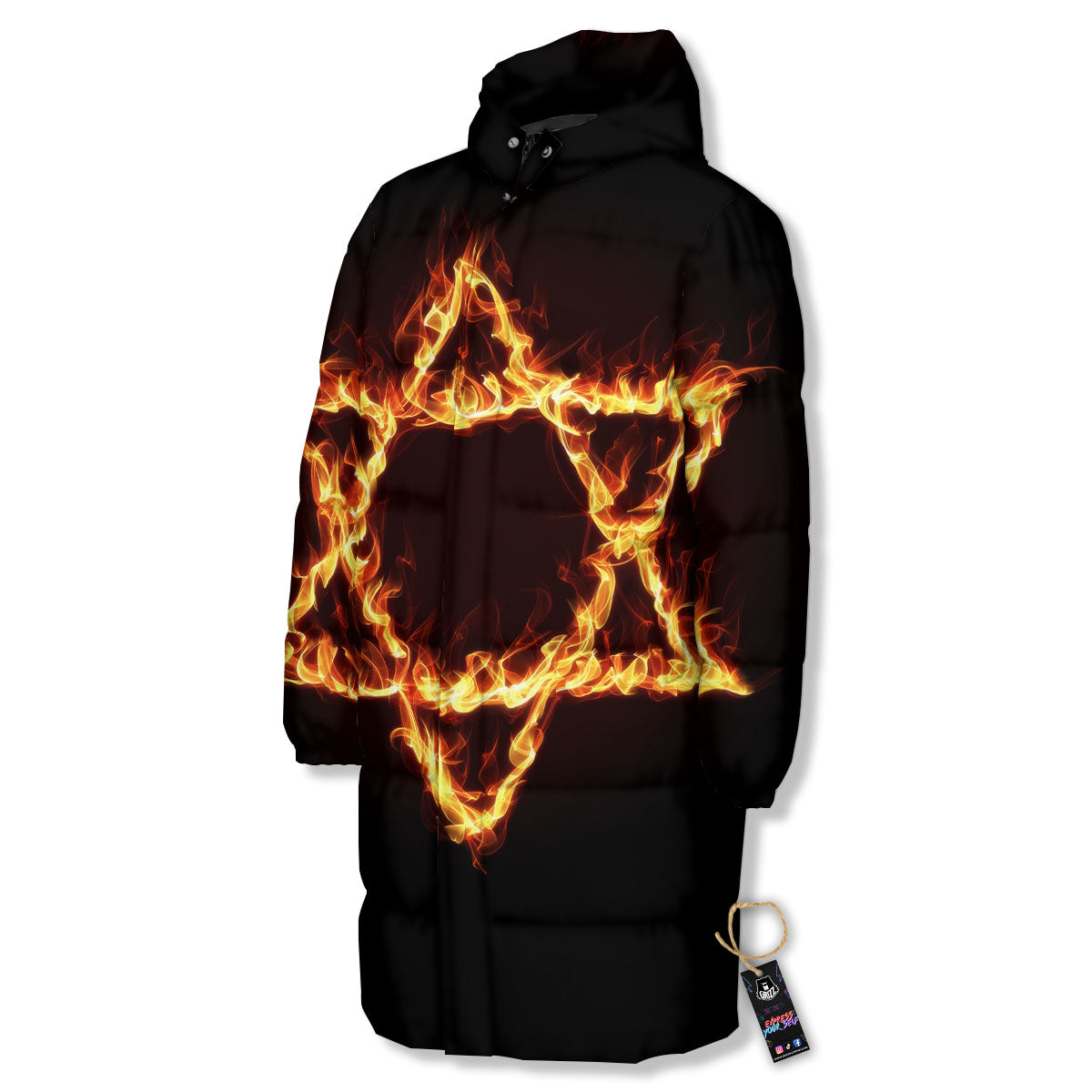 Star Of David Fiery Print Long Down Jacket-grizzshop