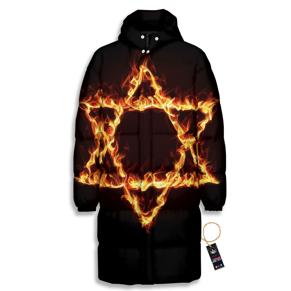 Star Of David Fiery Print Long Down Jacket-grizzshop