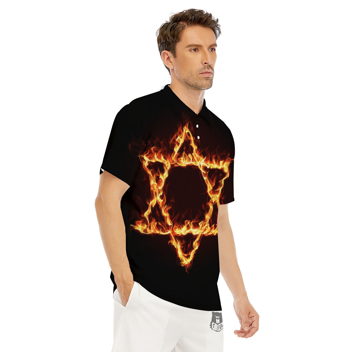 Star Of David Fiery Print Men's Golf Shirts-grizzshop