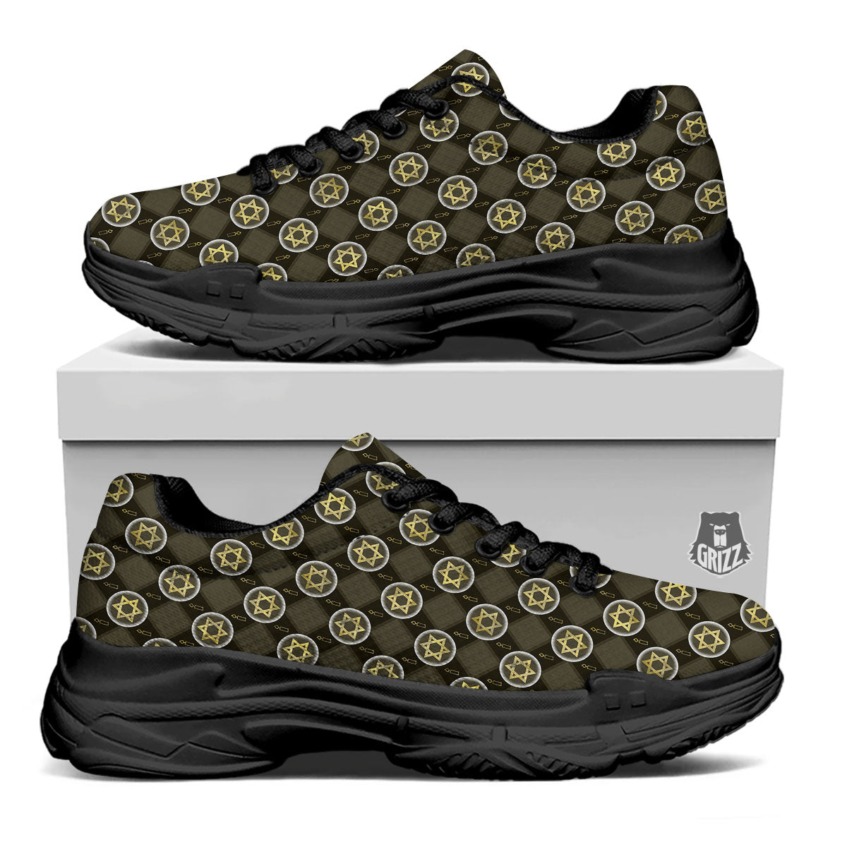 Star Of David Flaming Print Black Chunky Shoes-grizzshop