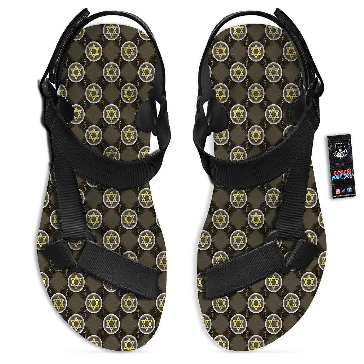 Star Of David Flaming Print Black Open Toe Sandals-grizzshop