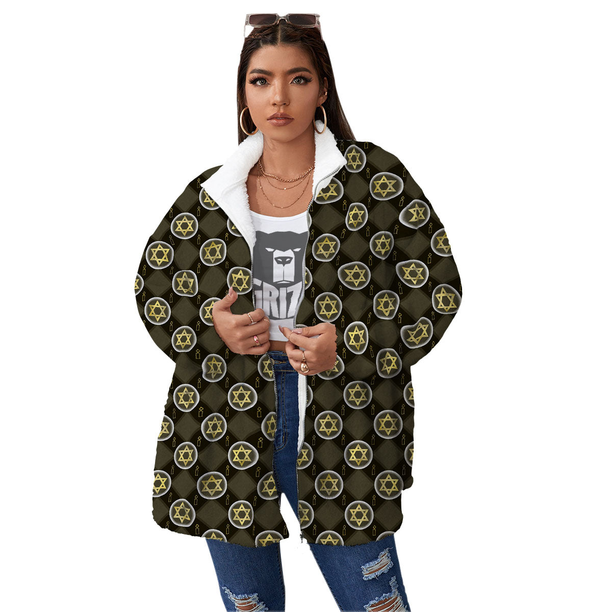 Star Of David Flaming Print Women's Sherpa Jacket-grizzshop