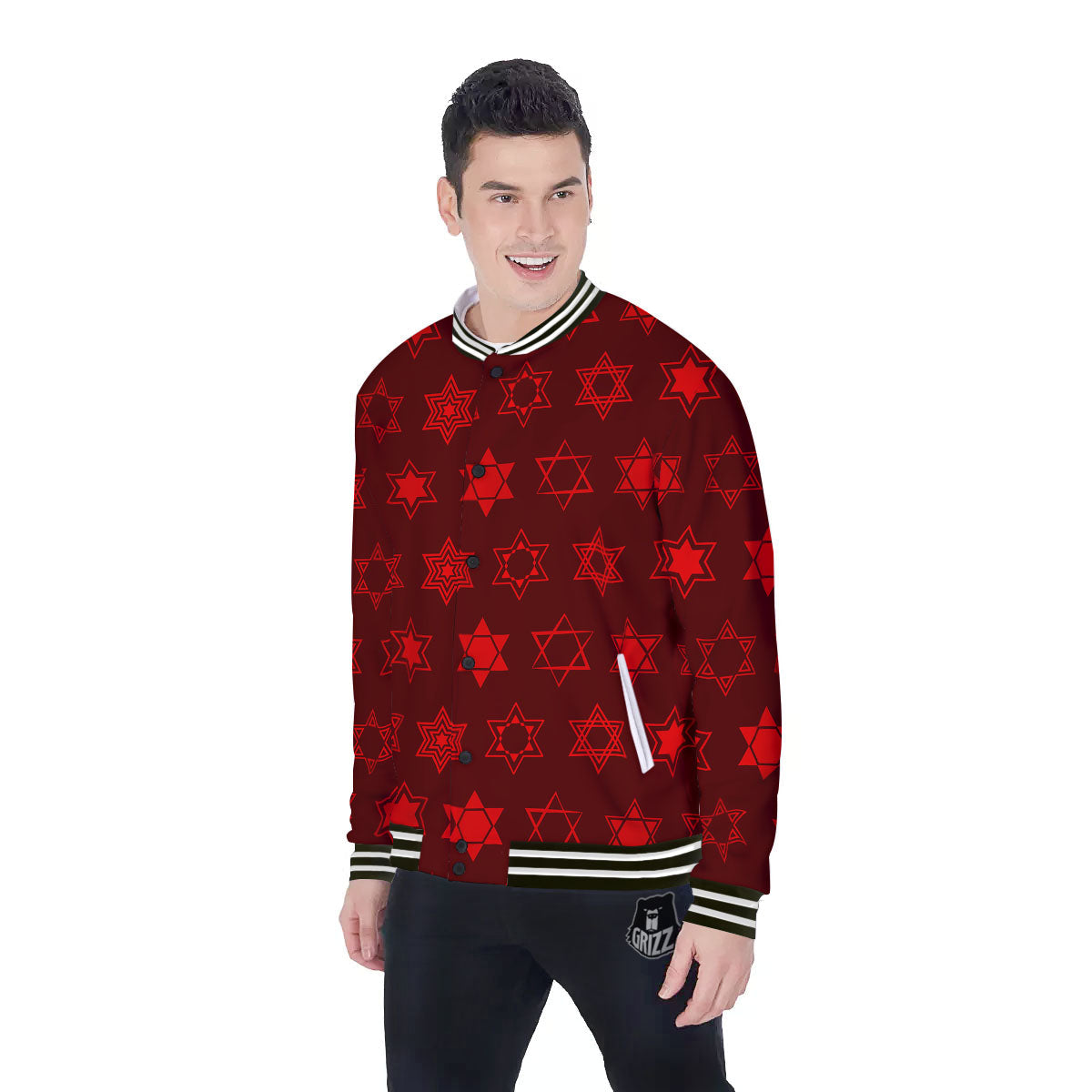 Star Of David Geometric Print Baseball Jacket-grizzshop