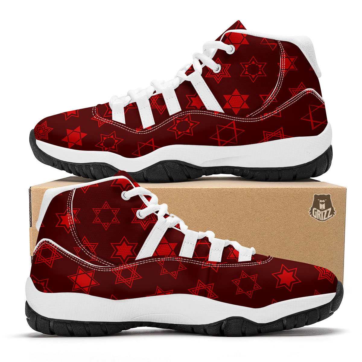 Star Of David Geometric Print White Bball Shoes-grizzshop