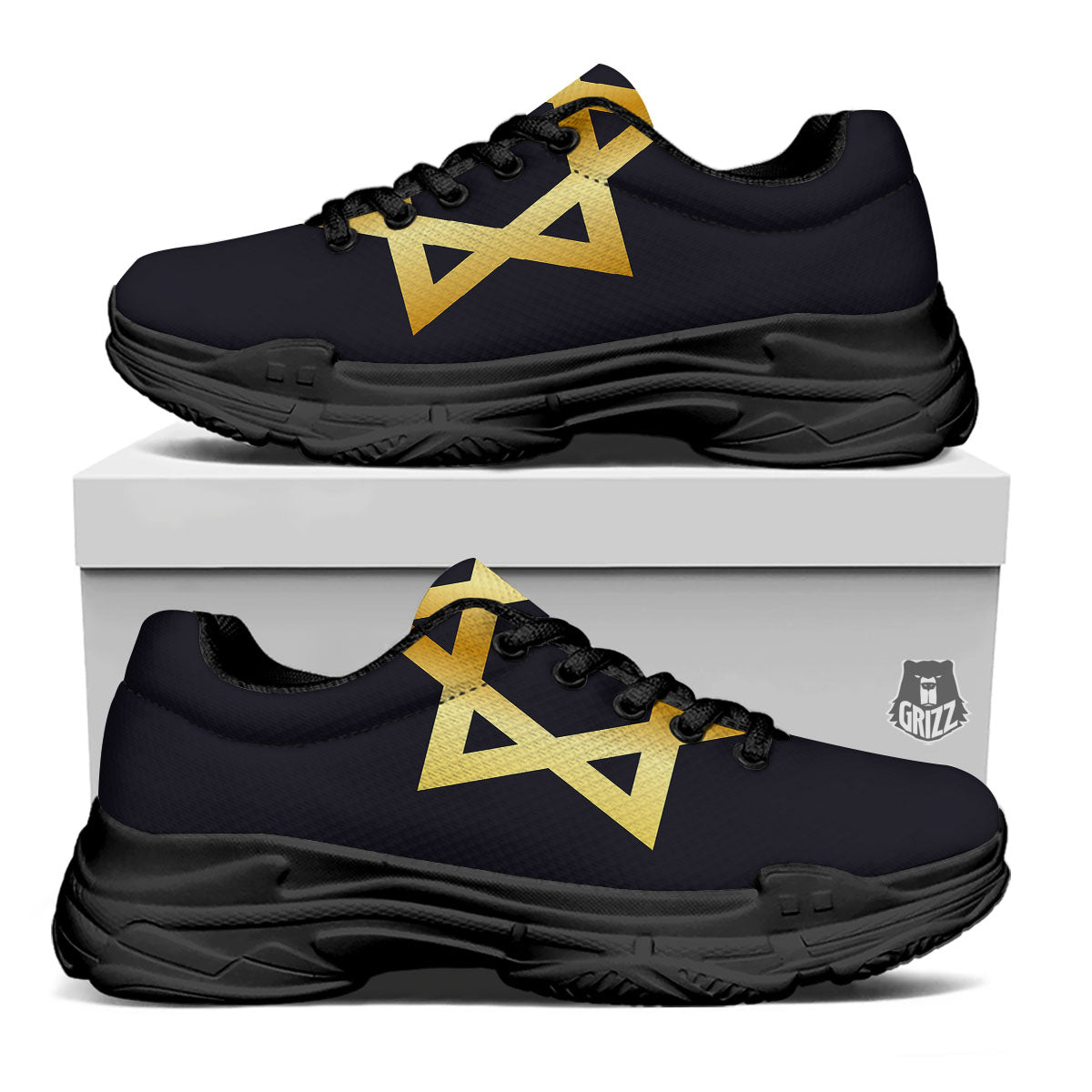 Star Of David Golden Print Black Chunky Shoes-grizzshop