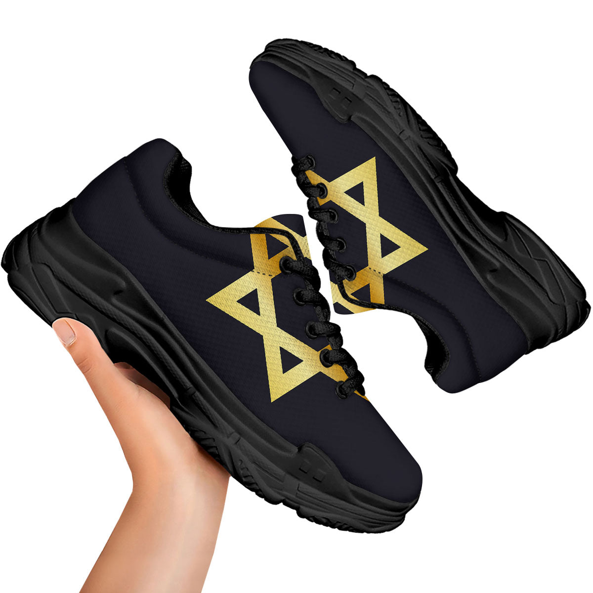 Star Of David Golden Print Black Chunky Shoes-grizzshop