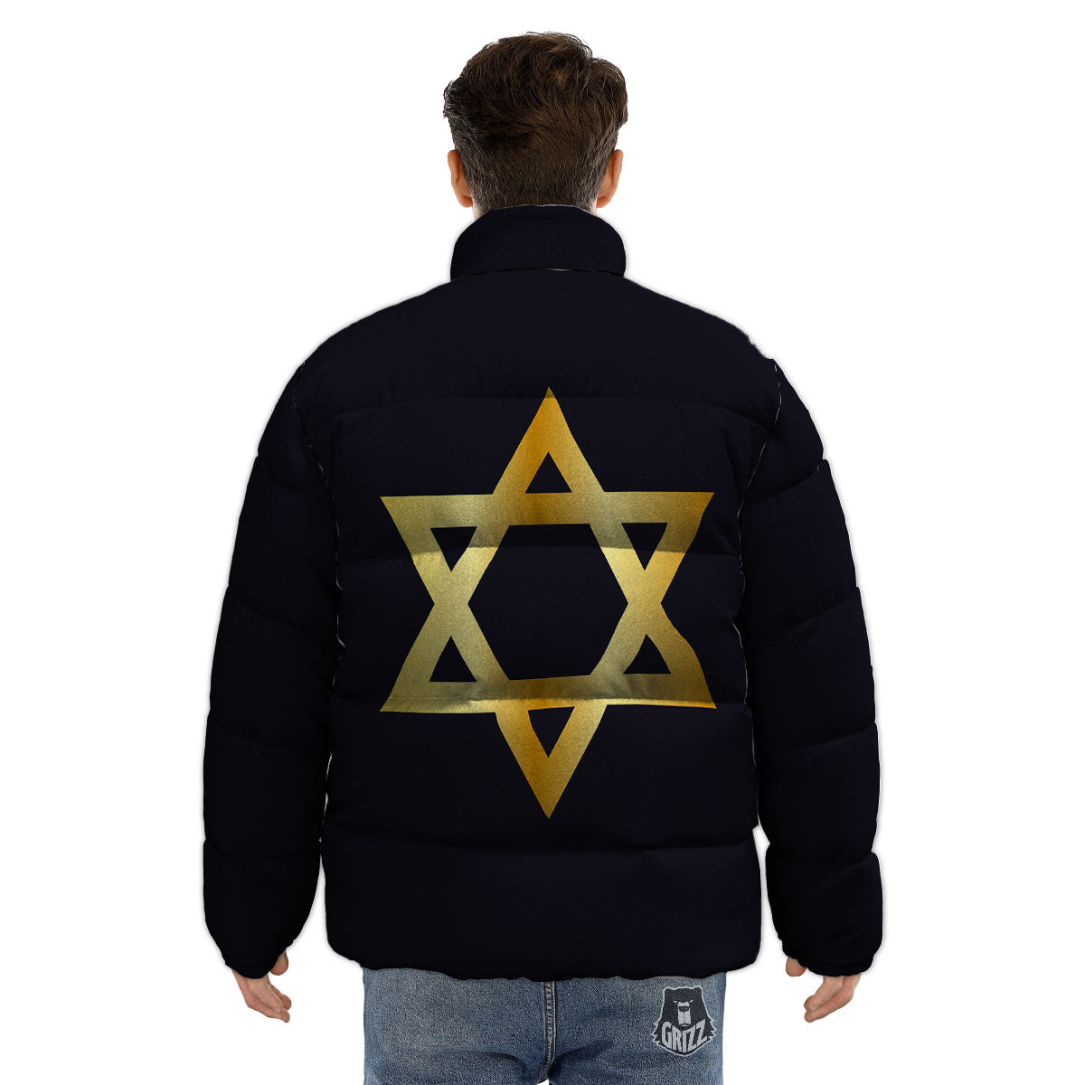 Star Of David Golden Print Puffer Jacket-grizzshop